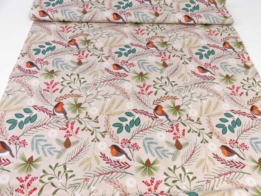 Preview: Patchworkstoff New Forest floral Rotkehlchen beige Gesamtansicht